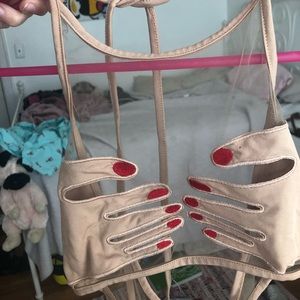 Funny female hands over boobs sheer festival top